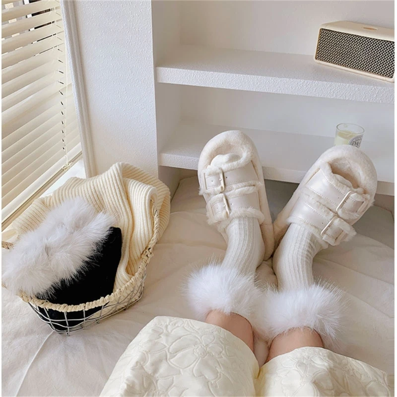 Japanese JK Girl Ribbed Knitted Sweet Calf Socks Women Winter Warm Furry Plush Trim Patchwork Middle Tube Cotton Socks