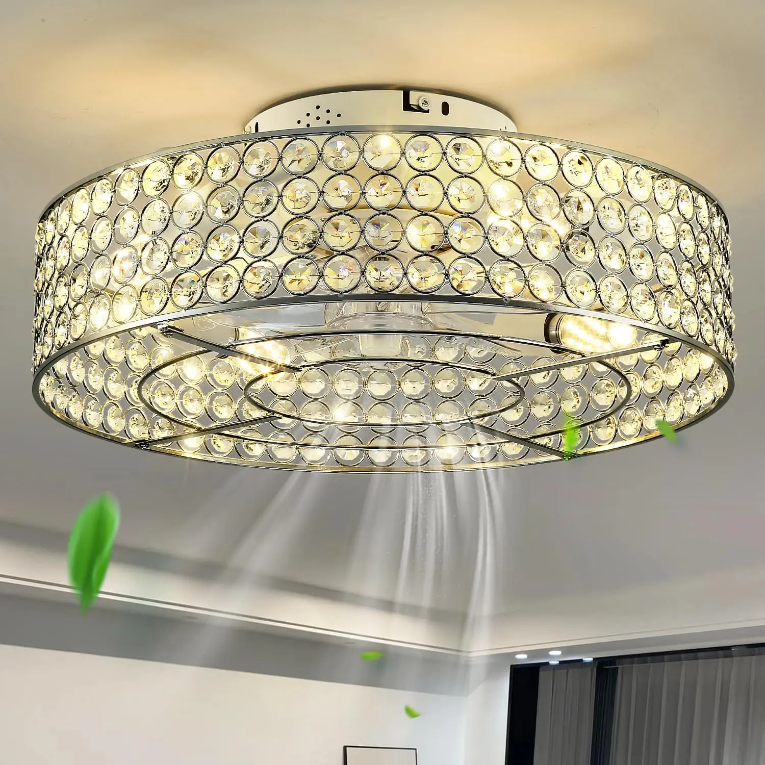 

Modern Low Profile Ceiling Fans with Lights and Remote Crystal Bladeless Caged Ceiling Fan for Bedroom Fan Light with 6 Speed