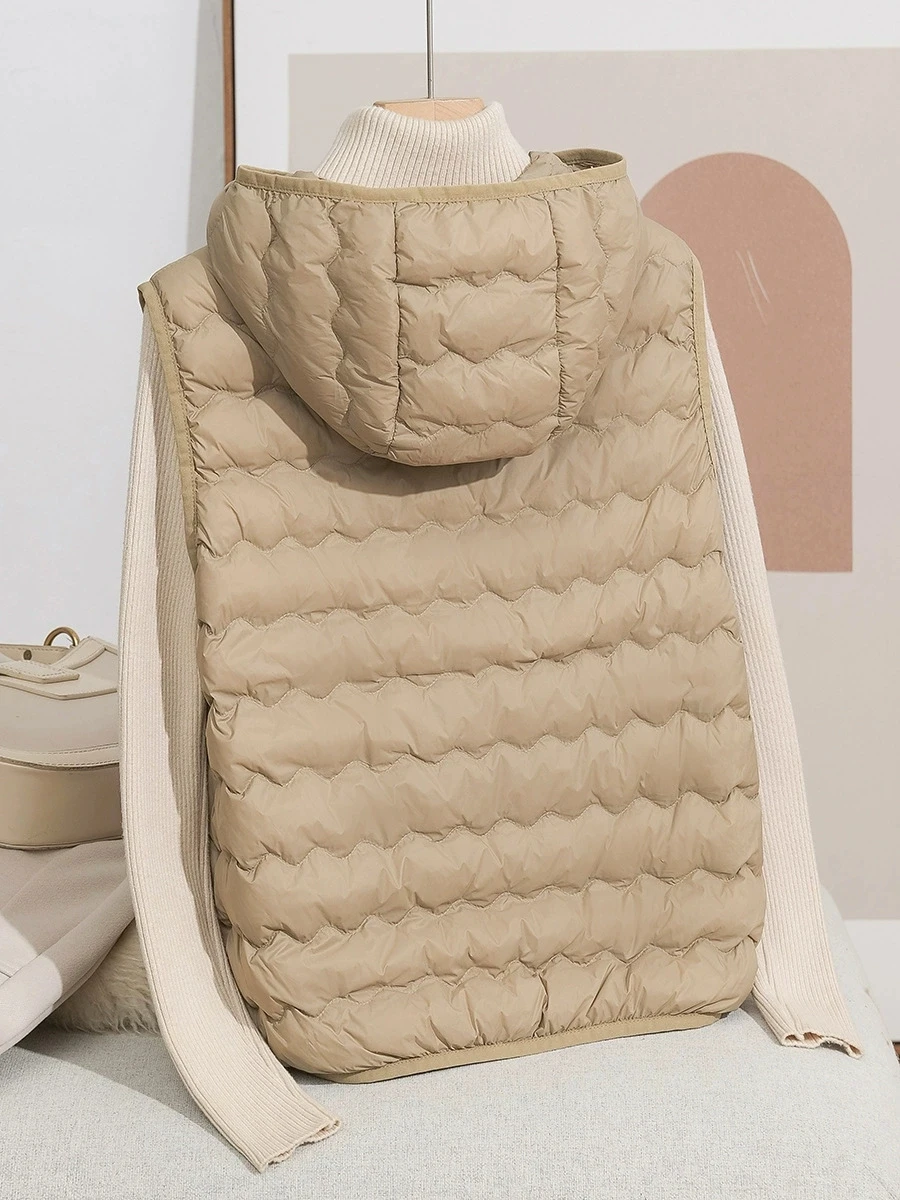 고품질 패션 가을 겨울 따뜻한 후드 달린 2026년 신상품 민소매 재킷 여성용 경량 화이트 덕다운 조끼