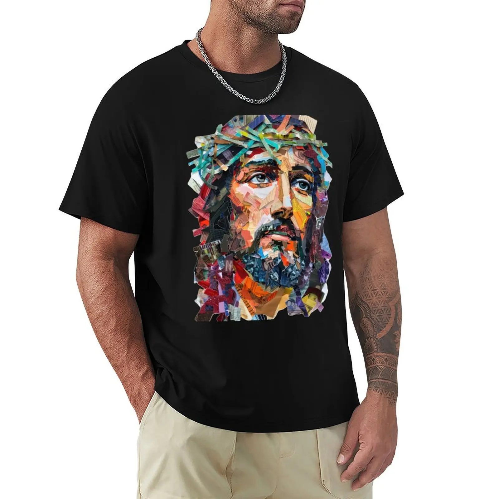 Art Jesus Christ Paper Collage T-Shirt Plus Size Loose Short Sleeve Top