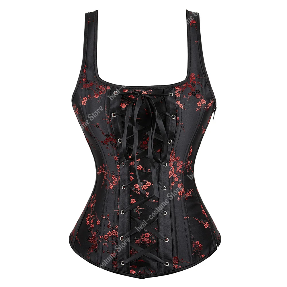 Corset Top Bustier Halter Straps Vintage Gothic Corset for Women Overbust Burlesque Costume Floral Corset Waist Black Red