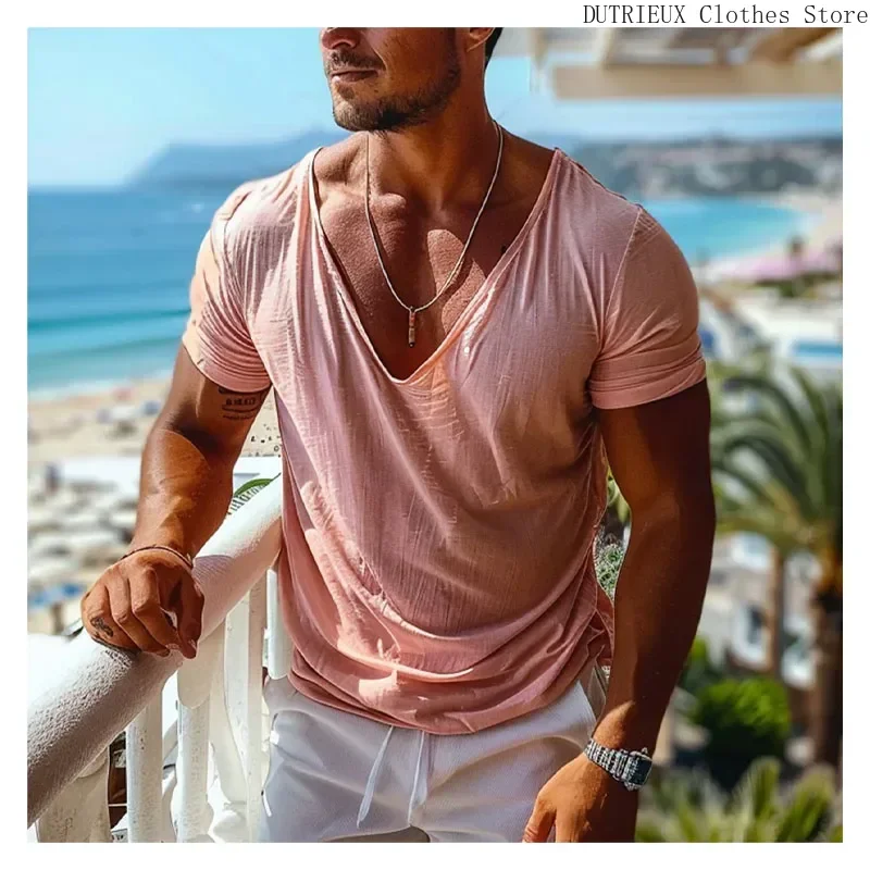 Summer New Oversized Men\'s V-neck T-shirt Simple Solid Color Men\'s Short-sleeved Tee Men\'s Clothing Pink Short-sleeved T-shirt