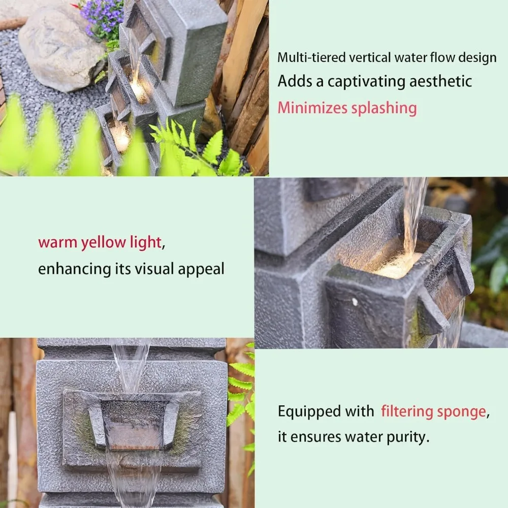 Fonte de água externa de 34,84 polegadas, luzes LED e bomba, fonte de água interna, cascata, fonte externa, casa e jardim