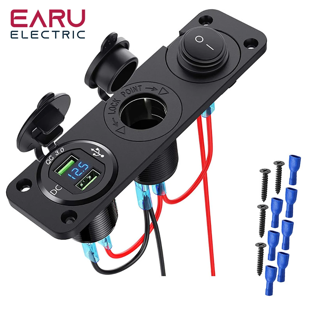 

12V Cigarette Lighter Socket 3 in 1 Waterproof Car Dual QC3.0 USB Outlet Panel for RV Marine Boat Power Socket Charger Socket