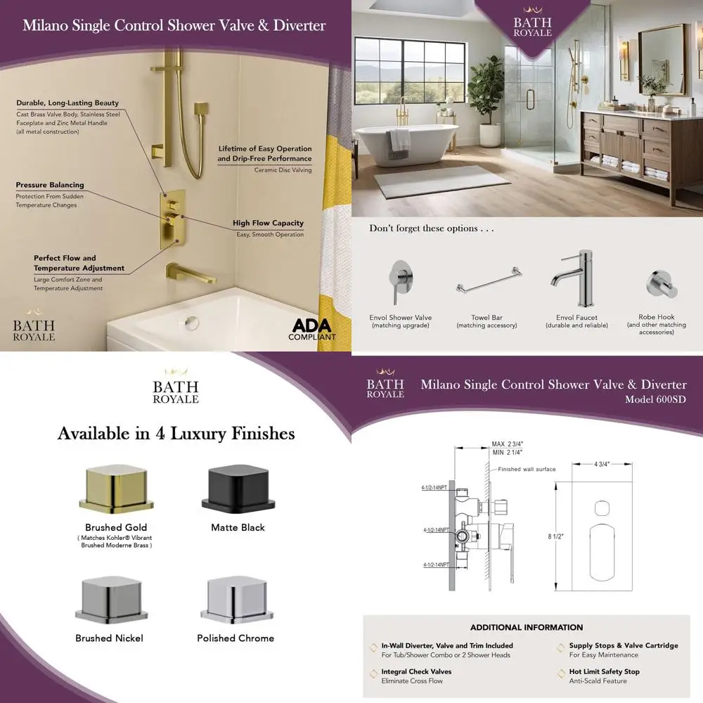 

All-Metal Pressure-Balancing Shower Valve with Diverter, No Scalding, Brushed Gold Finish