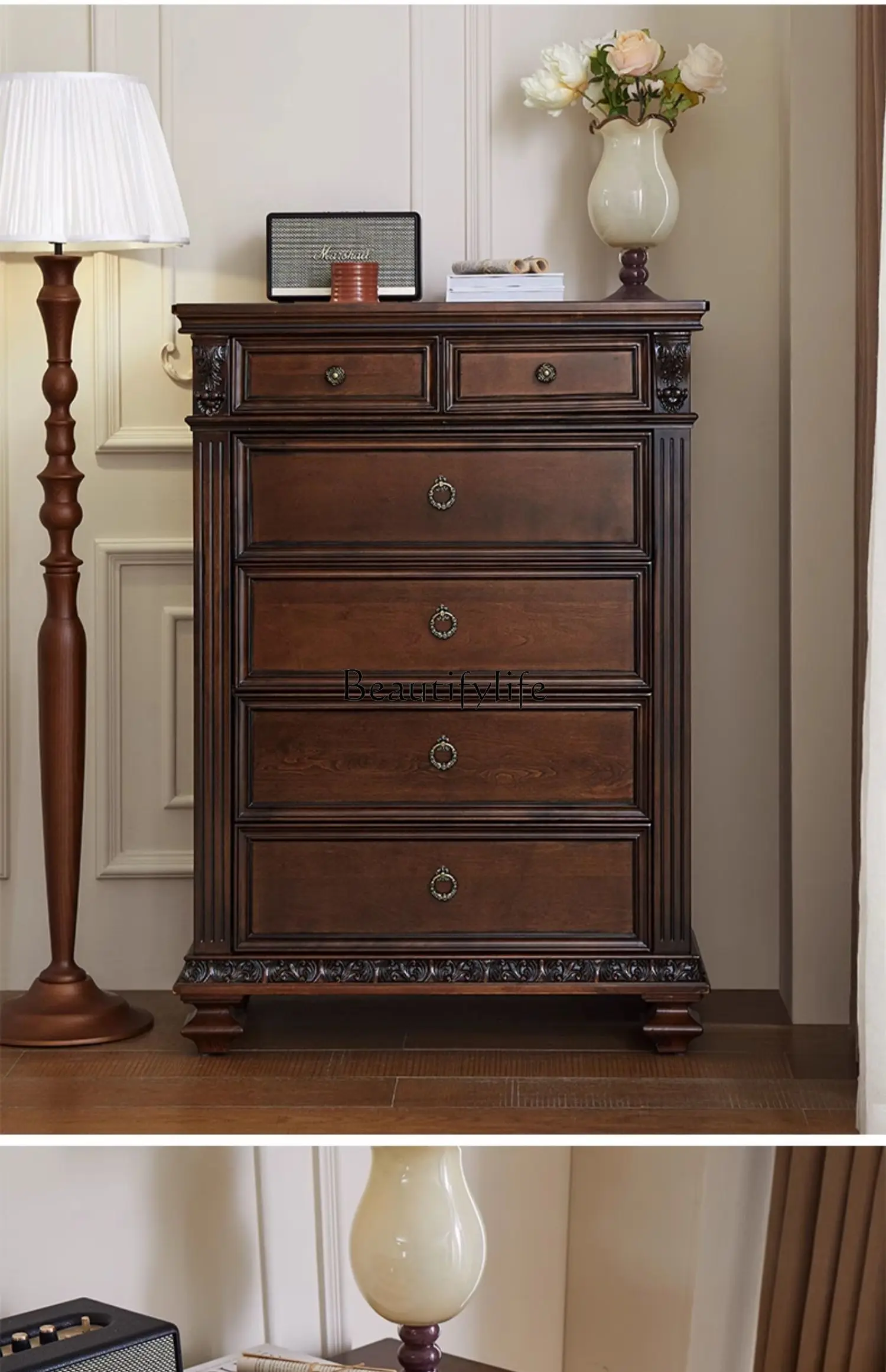 American chest pure solid wood carving flower living room side cabinet storage villa master bedroom chest