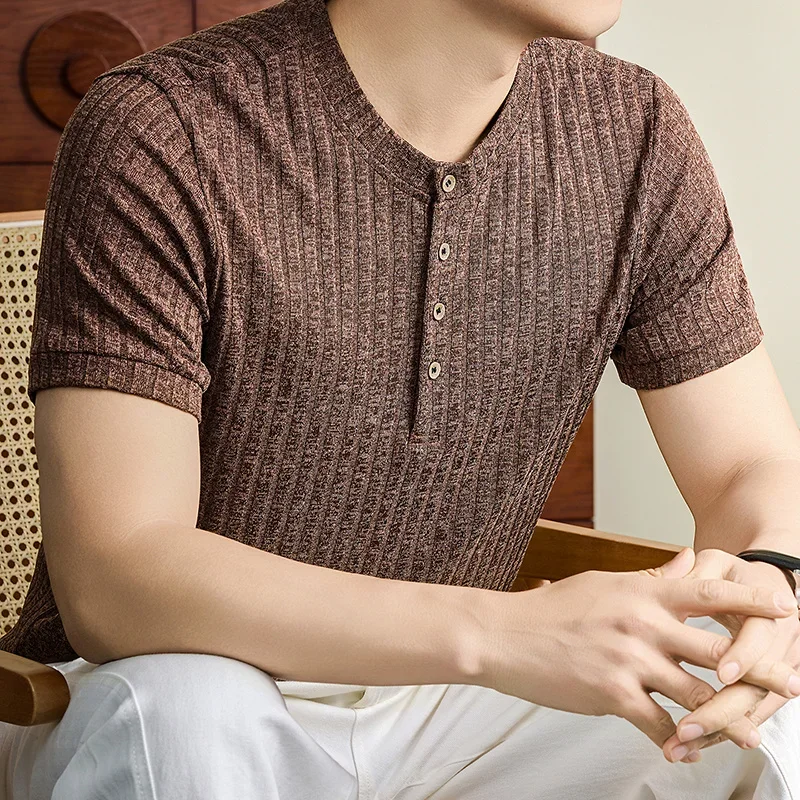 All Season Basic Male Short Sleeve Henley Top Marled Textile Cloth Home Rest Daily Commute And Urban Leisure Garment