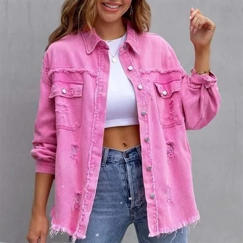 

Женская однобортная джинсовая одежда с бахромой и талией Long Sve Pure Color ort Верхняя одежда Ladies Faion, осень 2023,