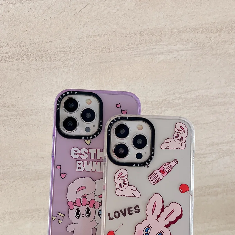 Cute Cartoon Pink Rabbit Case For Iphone 11 14 15 Pro Max Thickened Silicone Soft Funda 12 13 Pro 8 Plus XR XS Anti-fall Cover