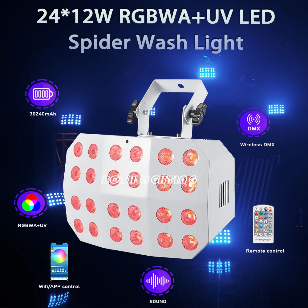 2PCS in Bag Battery LED Uplight Wireless DMX Remote&App Control RGBWA UV 6in1 Stage Spider Wash Light for Wedding DJ