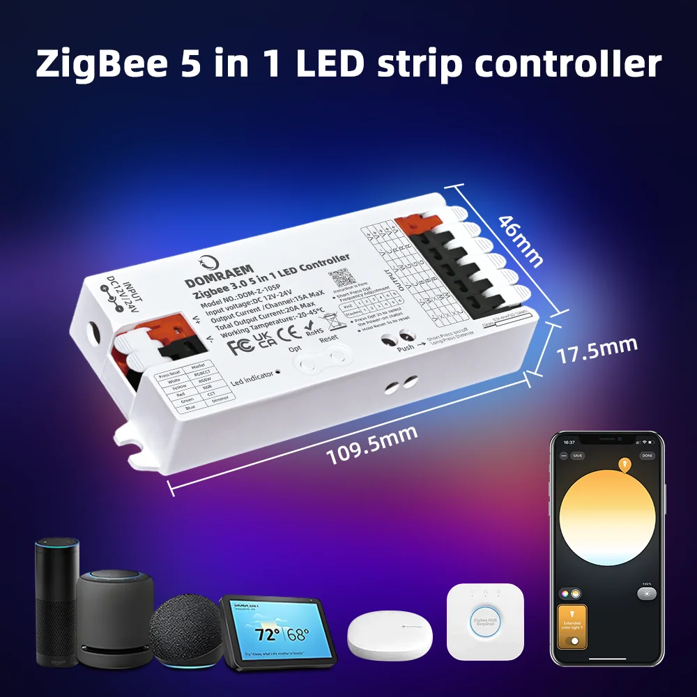 DOMRAEM 20A Zigbee3.0 5 in 1 / 3 in 1 / RGBCCT LED Strip Controller Smart Dimmer Works with HU*E SmartThings Tuya Smartlife Alex