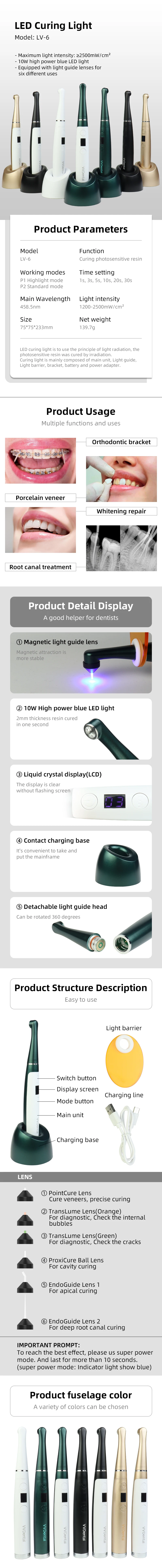 VVDental LV6 Kabellose LED-Dental-Härtungslampe 2500mW/cm² Photopolymerisator Hochintensive Harz-Härtungs-UV-Lampe für Dentalausrüstung – Detail 1