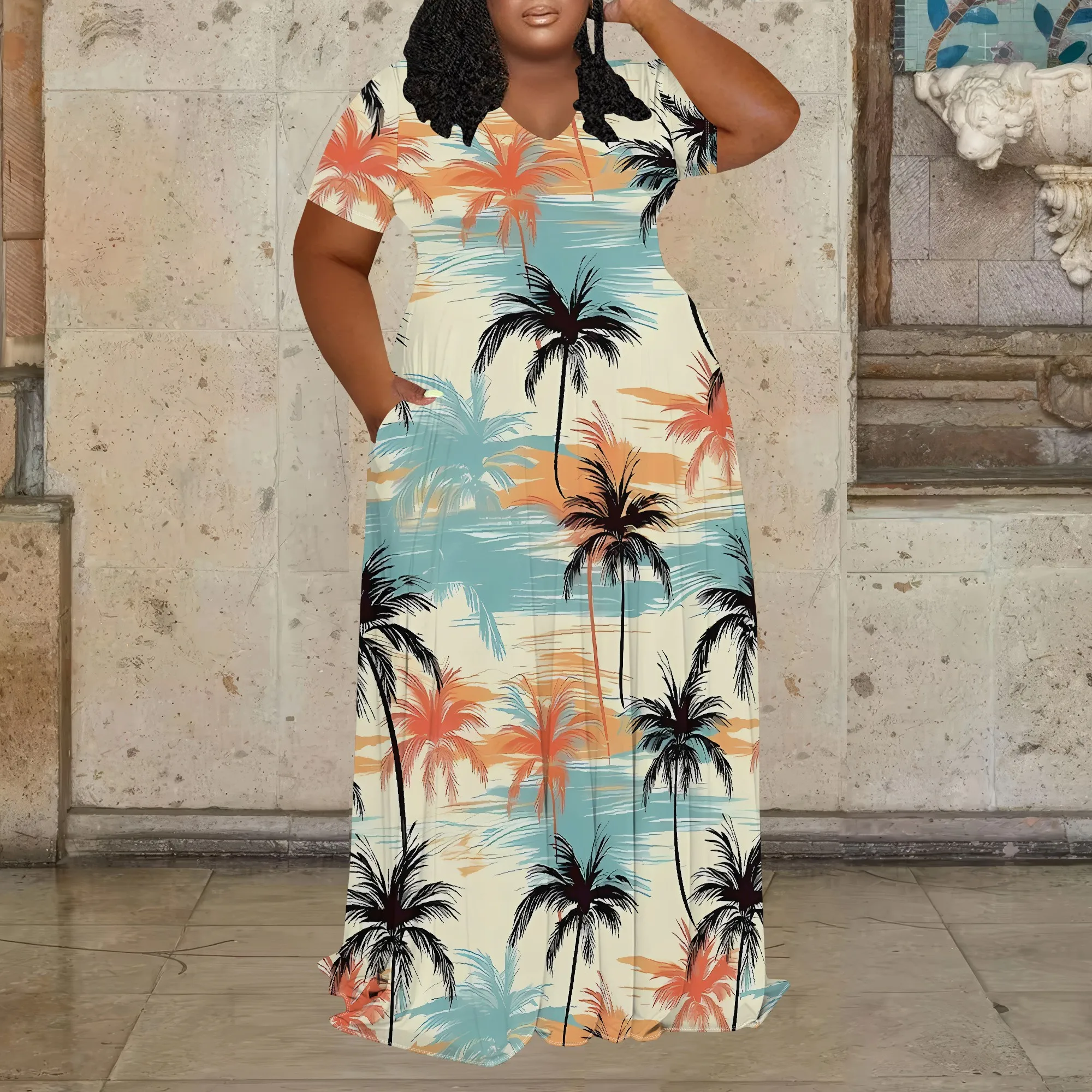 

EQQZD Женские платья больших размеров с принтом в пляжном стиле, платье макси с короткими рукавами и v-образным вырезом и карманами