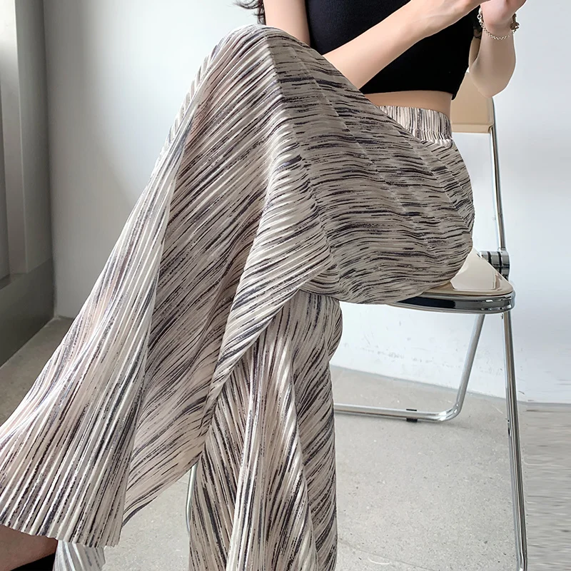 Ice Tie-dyed Wide Leg Pants For Women's Summer Thin Pleated Split Pear Shape Slim High Waist Loose Straight Casual Pants