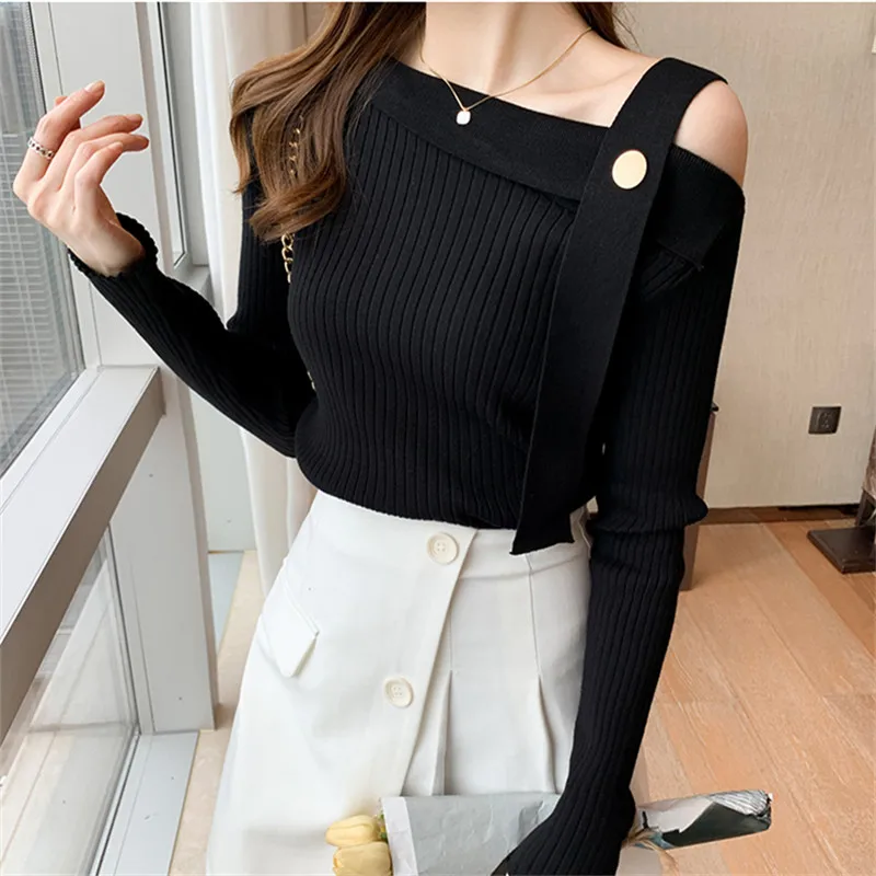 Black knitted bottom shirt Off shoulder long sleeved tops weaters for women Sexy Top women clothing sweater korean style