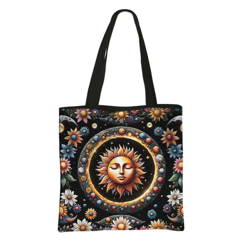 Sun and Moon Boho Print Shoulder Bag Cat Women Handbags Large Capacity Psychedelic Sunflower Storage Bag for Travel Shopper Bags