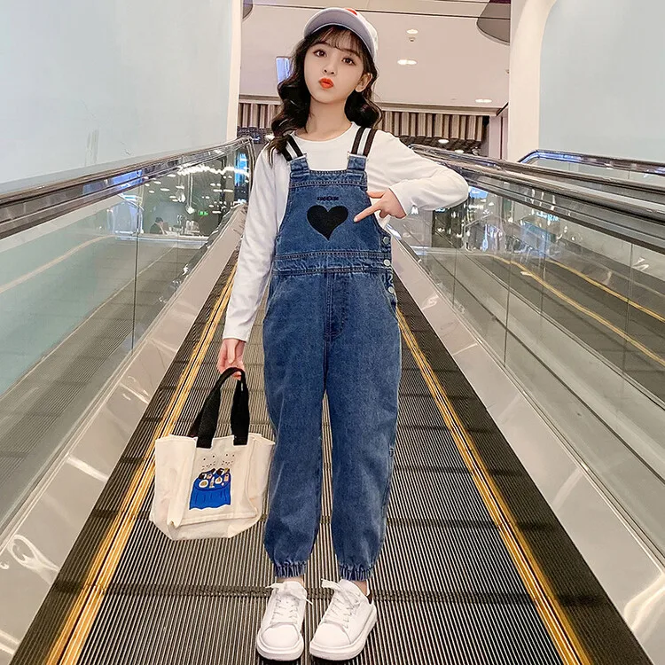 Teen Girls Denim Overalls Autumn Heart Print Girls Suspender Pants Casual Teenage Children\'s Rompers Jumpsuits 6 8 10 12 14 Y