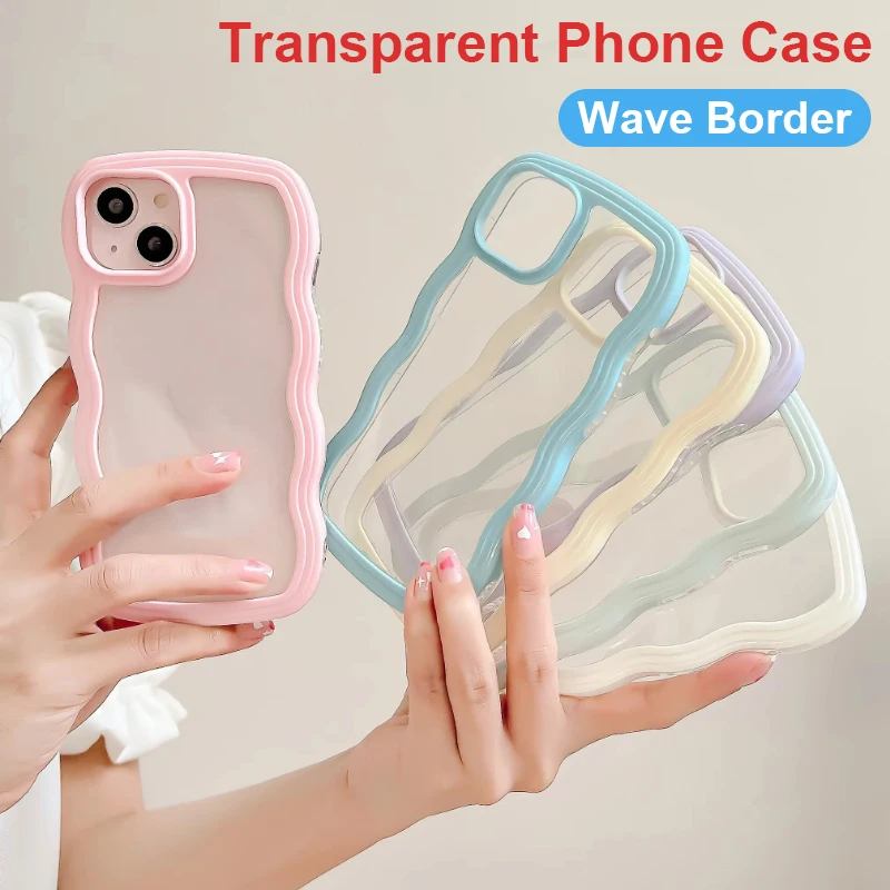 Fashion Transparent Curly Wave Case for iPhone 16 11 12 13 14 15 Pro Max 8 Plus X XR XS Shockproof Bumper Cover Capa Aesthetic