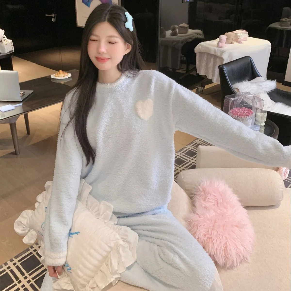 

Зимняя теплая одежда для сна, мягкий и пушистый пуловер с вышивкой в виде сердца, женские пижамные комплекты со штанами, комплекты одежды для сна, домашний костюм