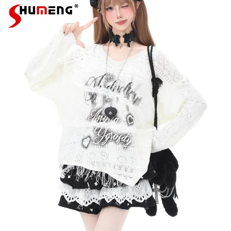 

Japanese Subculture Letter Graffiti Lace Patchwork Long Sleeves Blouse T-Shirt For Women's Autumn Breathable Slimming Top Tshirt