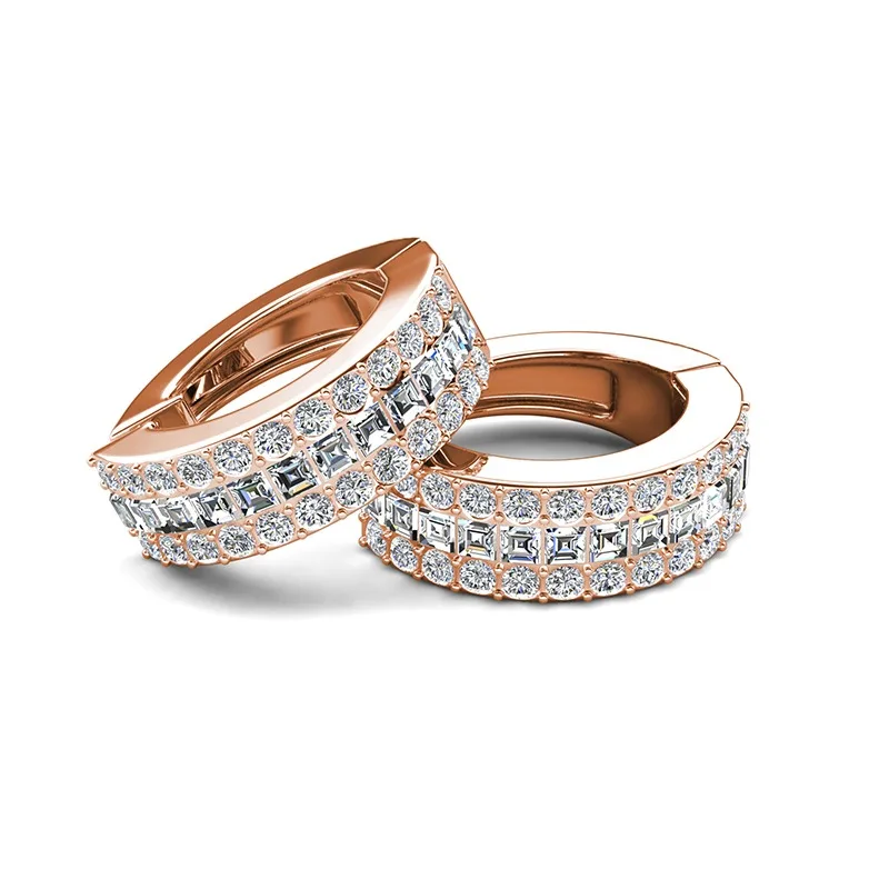 Daisini Bling 3 Row Crystals Huggie Hoop Earrings for Women Men 18k Rose Gold Plated Piercing Fashion Shiny Jewelry