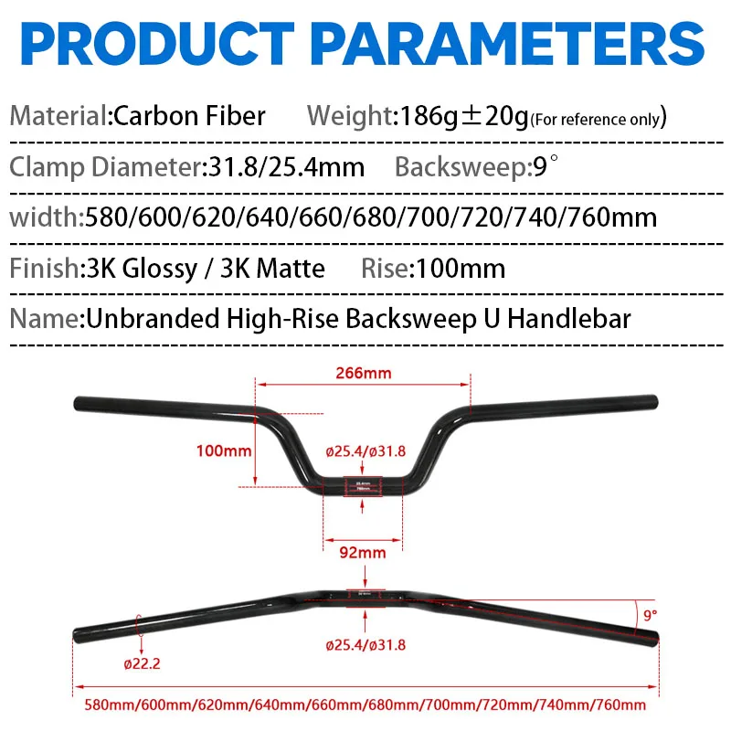 New 3K Full Carbon Fiber U Shape Handlebar 100mm Rise 9° Backsweep 31.8/25.4mm MTB Riser Bar Bike Modification Parts