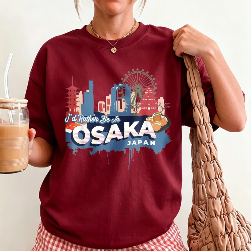 OSAKA Japan City Skyline Pagoda Ferris Wheel Watercolor Print Women Cotton T Shirt Japanese Travel Vacation Souvenir Casual Tops