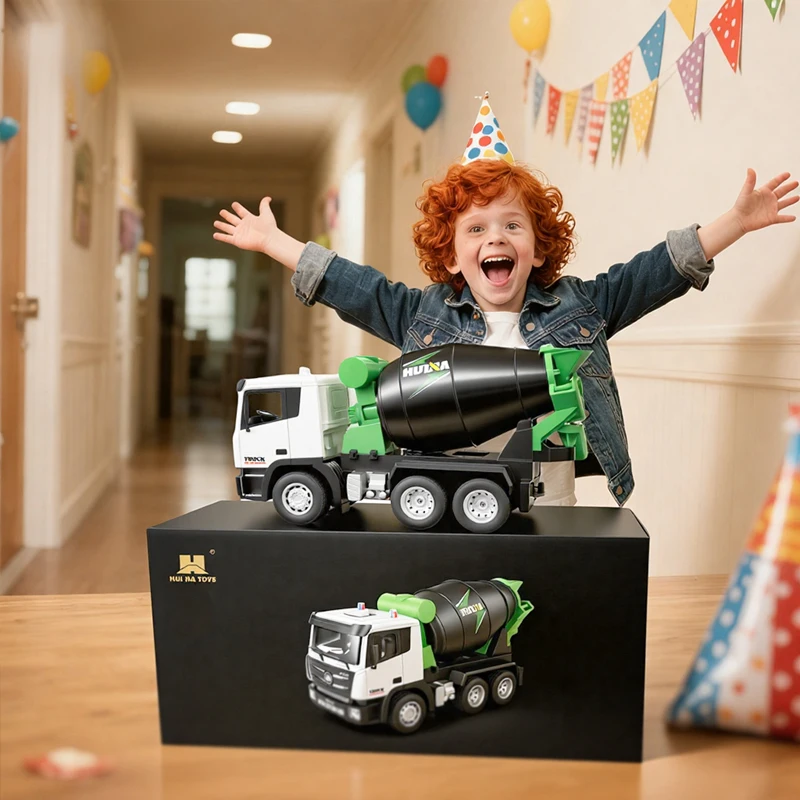 HUI NA TOYS Escala 1:18 Caminhão misturador de cimento RC de liga de 9 canais com 360 °   Tambor giratório e funil de mistura, sistema de controle tátil