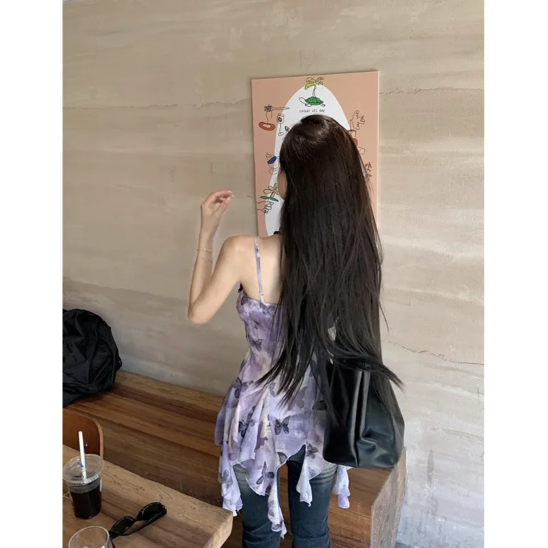 ฤดูร้อนผีเสื้อพิมพ์ Ruffle Hem ชุดผู้หญิงไม่สม่ําเสมอ SLIM FIT Cami Dress อินเทรนด์แขนกุดออกแบบ Elegant รายละเอียด