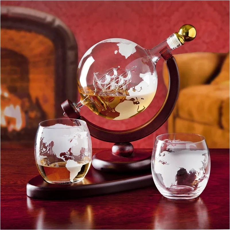 NANCIHUI Whiskey Decanter Set Crystal Glass Wine Glass Creative Globe Wine Bottle World Map Pattern Indoor Office Decoration