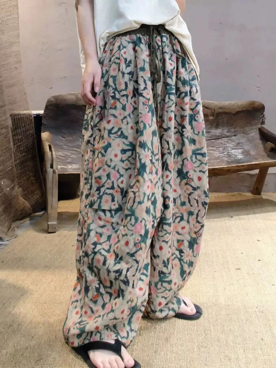 

Ретро-брюки с цветочным принтом и широкими штанинами для женщин, лето 2025, повседневные, прямого кроя, больших размеров, для полных женщин, комфортная посадка