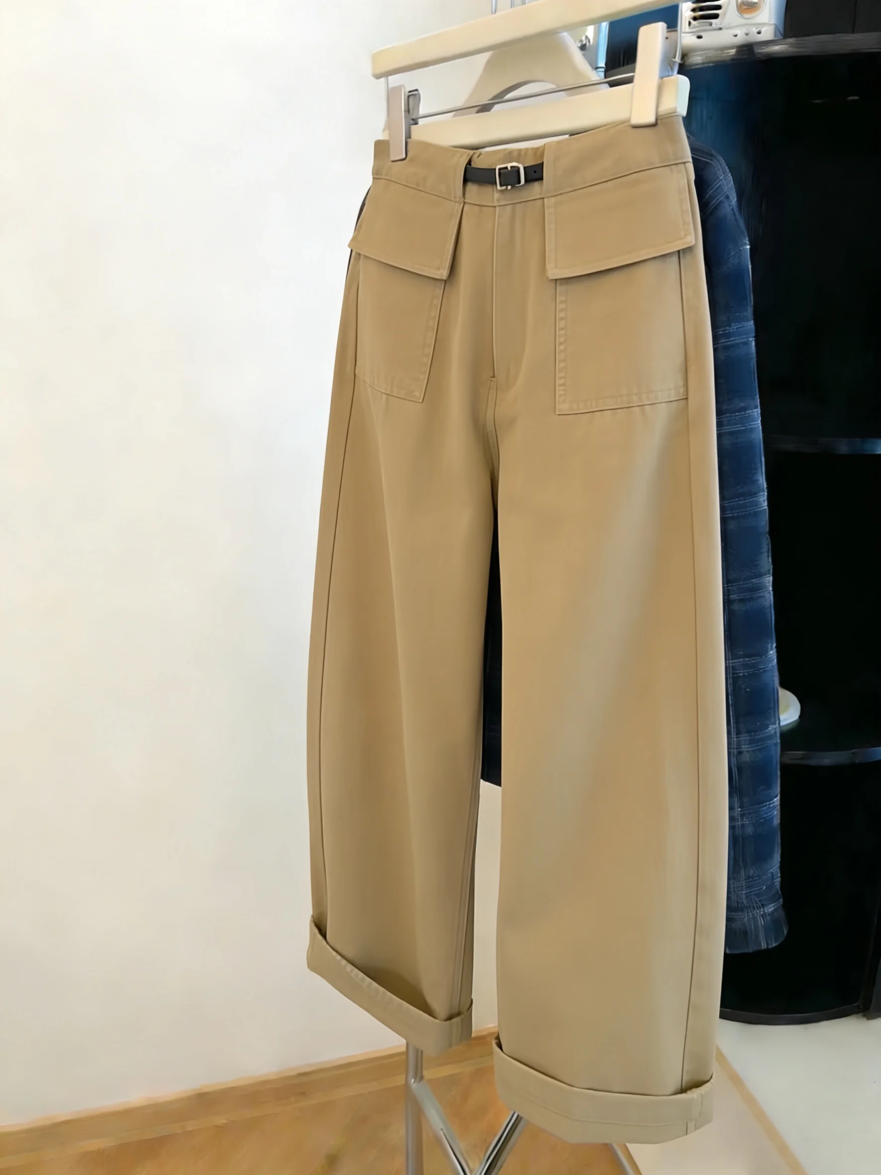 

Женские повседневные брюки с высокой талией цвета хаки, широкие, прямого кроя, универсальные, с эффектом драпировки, в корейском стиле, весна-осень