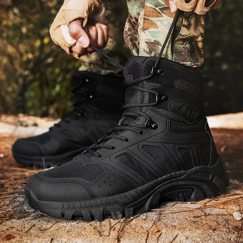 

High-top Men Outdoor Anti-slip Thick-soled Shock-absorbing Breathable Combat Boots Men Comfortable Casual Ankle Boots Men