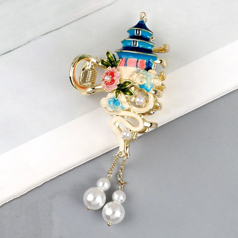 

Tassels Chinese Style Hair Claw Pearl Ponytail Holder Cheongsam Design Hair Clip enamel Grab Clip Metal Shark Clip Female