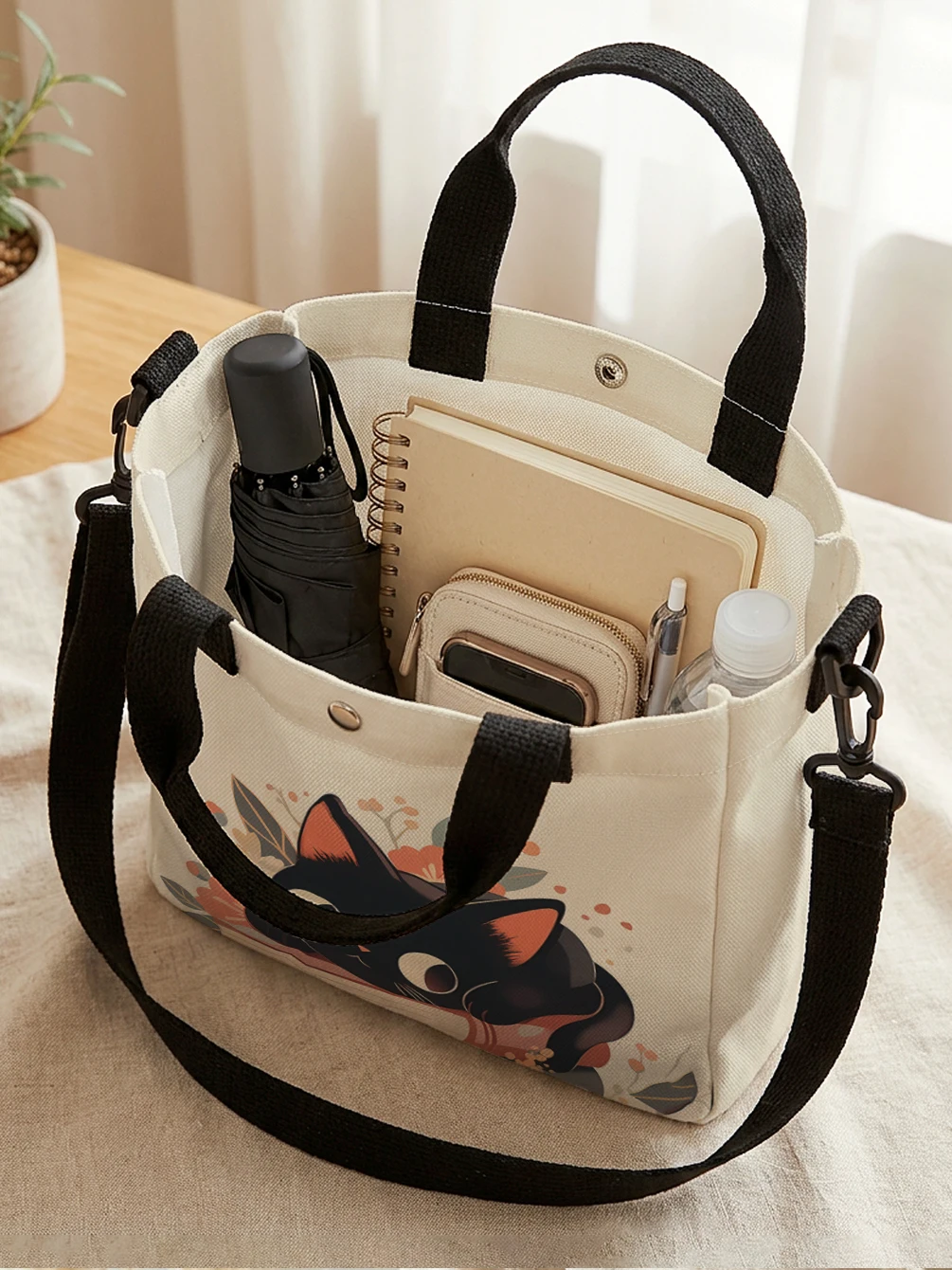 Cute Black Cat Stacked Book Floral Print Tote Bag Detachable Strap Crossbody Handbag For Women Daily Shopping