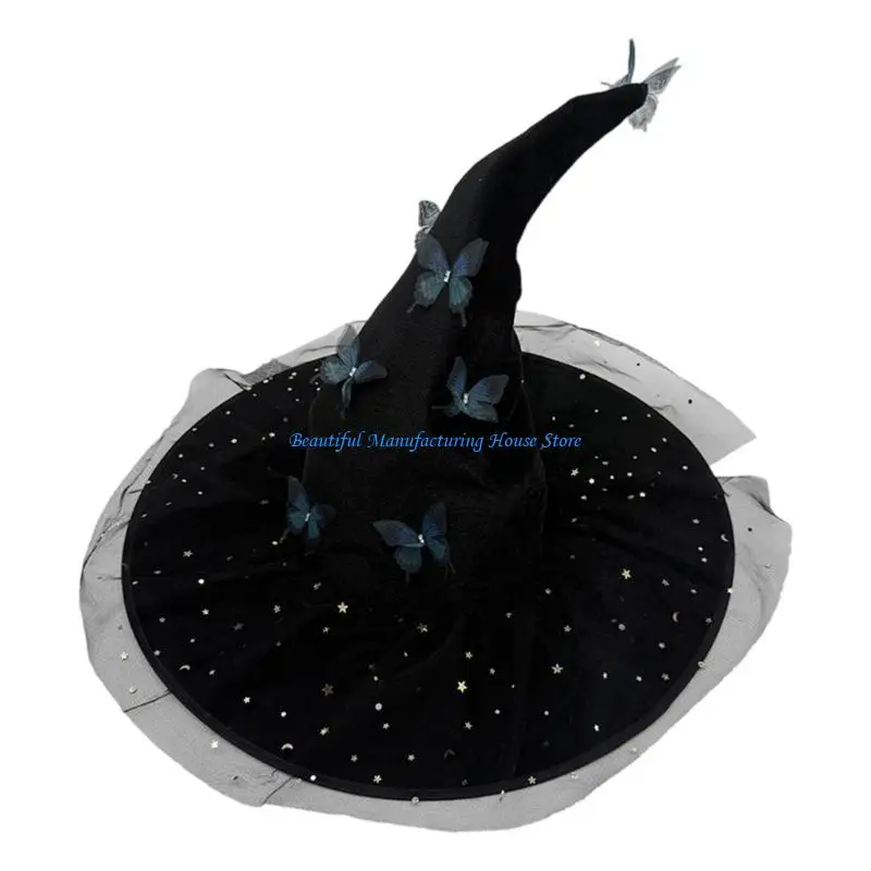 E56A Crinkle Foldable Witch Hat 3D Butterfly Embellishment Adjustable Head Size 43cm 3