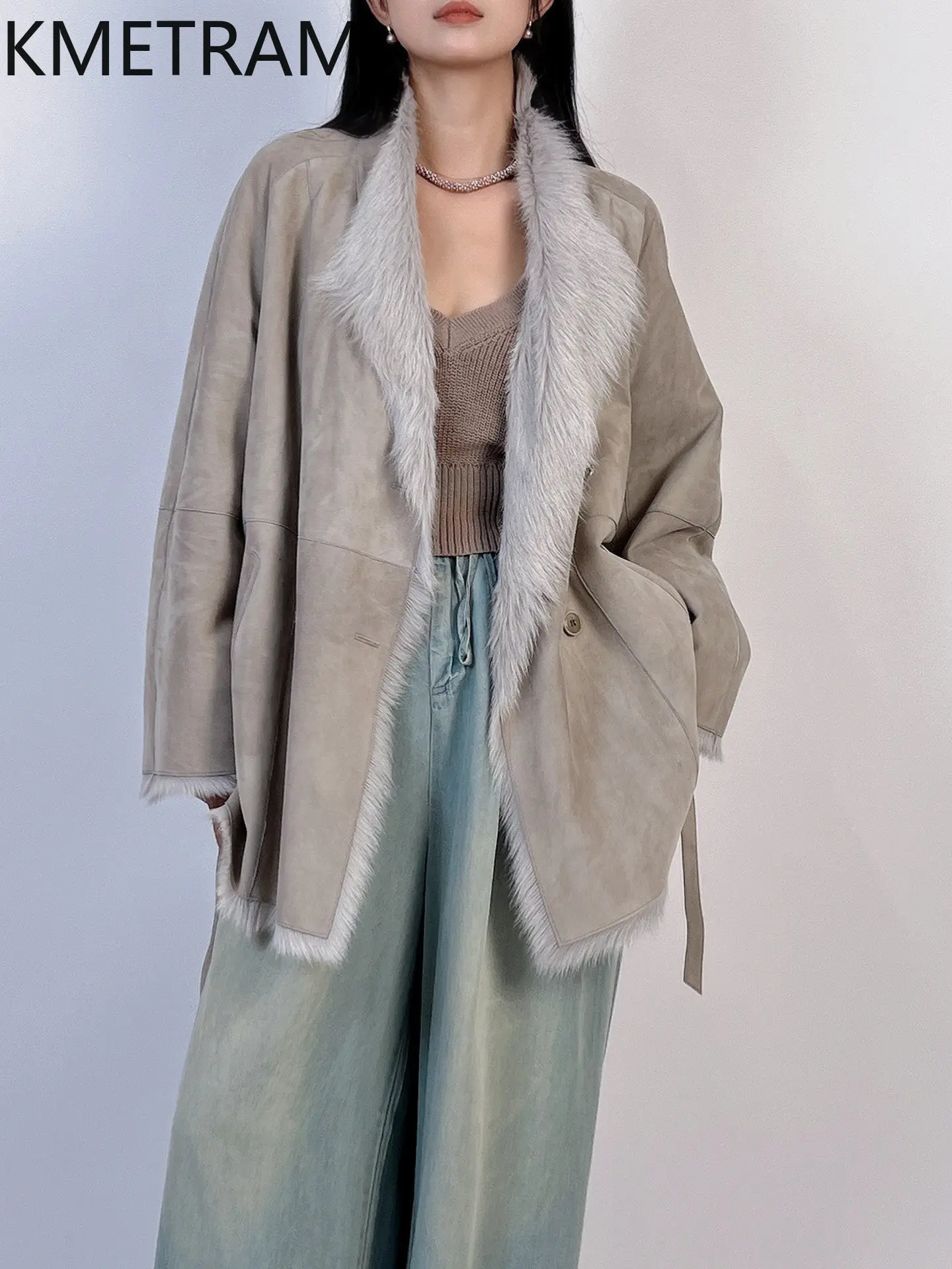 KMETRAM Real Suede Goatskin with Wool Attached Coats Fashion Belted Fur Jacket Winter Fur Coat Woman Clothing 74cm 2026 пальто