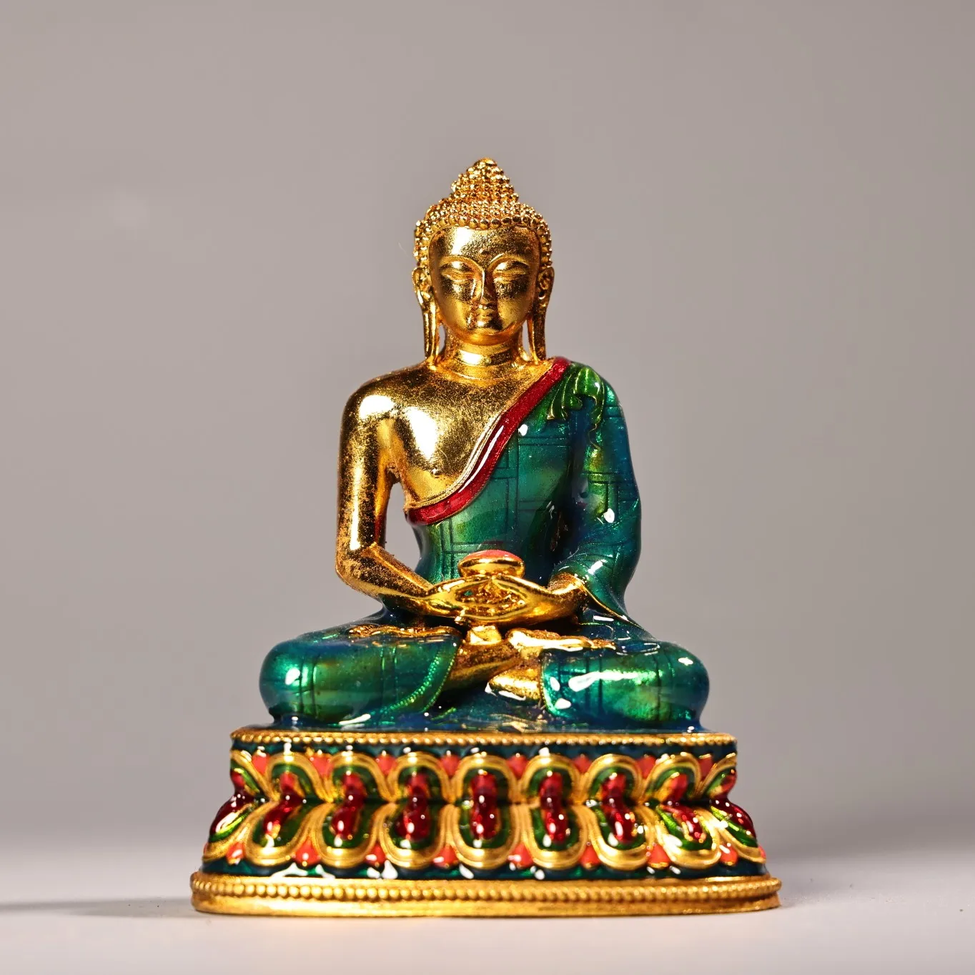 

4"Tibetan Temple Collection Old Bronze Cloisonn Enamel Gilded Parinirvana Buddha Lotus Terrace Worship Hall Town house