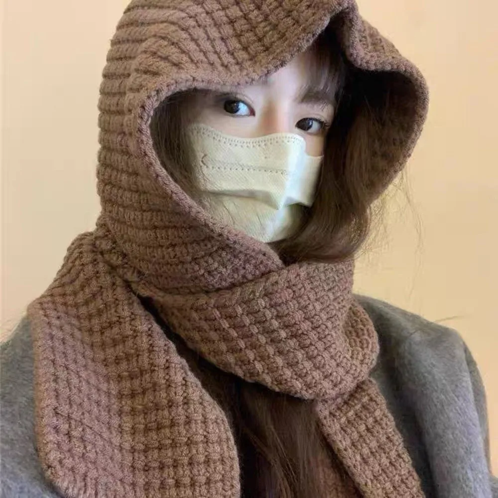 Acrylic Fibres Knitted Hooded Caps Ear Protection Soft Neck Collar Beanies Caps Thickened Embossing Winter Neckerchief Hat