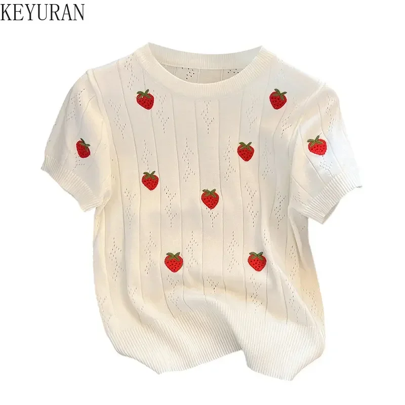 2024 New Summer Strawberry Embroidery Hollow Out Sweater Women Knitted T-Shirt White Short Sleeve Thin Knitwear Tops Tees Female