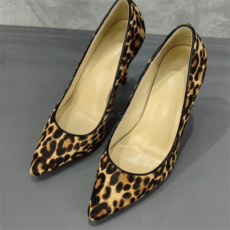 Leopard Print Thin Heel Shallow Shoes Women 10Cm High Heels Pumps Velvet Handmade High Quality Shoes Plus Size 43 for Lady