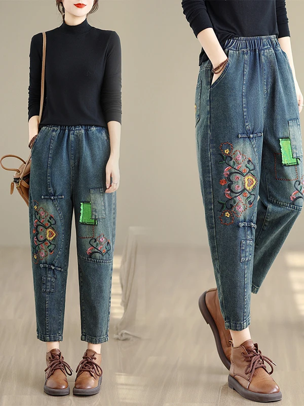 Pantaloni di jeans ricamati patchwork retrò Pantaloni lunghi Harlan di nove pezzi in vita elastica casual allentata da donna Nuovo arrivo autunnale