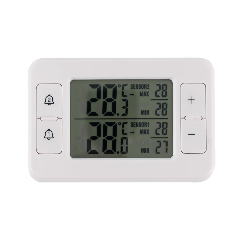 ميزان حرارة رقمي لاسلكي عالي الدقة للثلاجة والفريزر ومراقبة درجة الحرارة وسجل 2 أجهزة استشعار لدرجة الحرارة إنذار -40 ℃ ~60 ℃