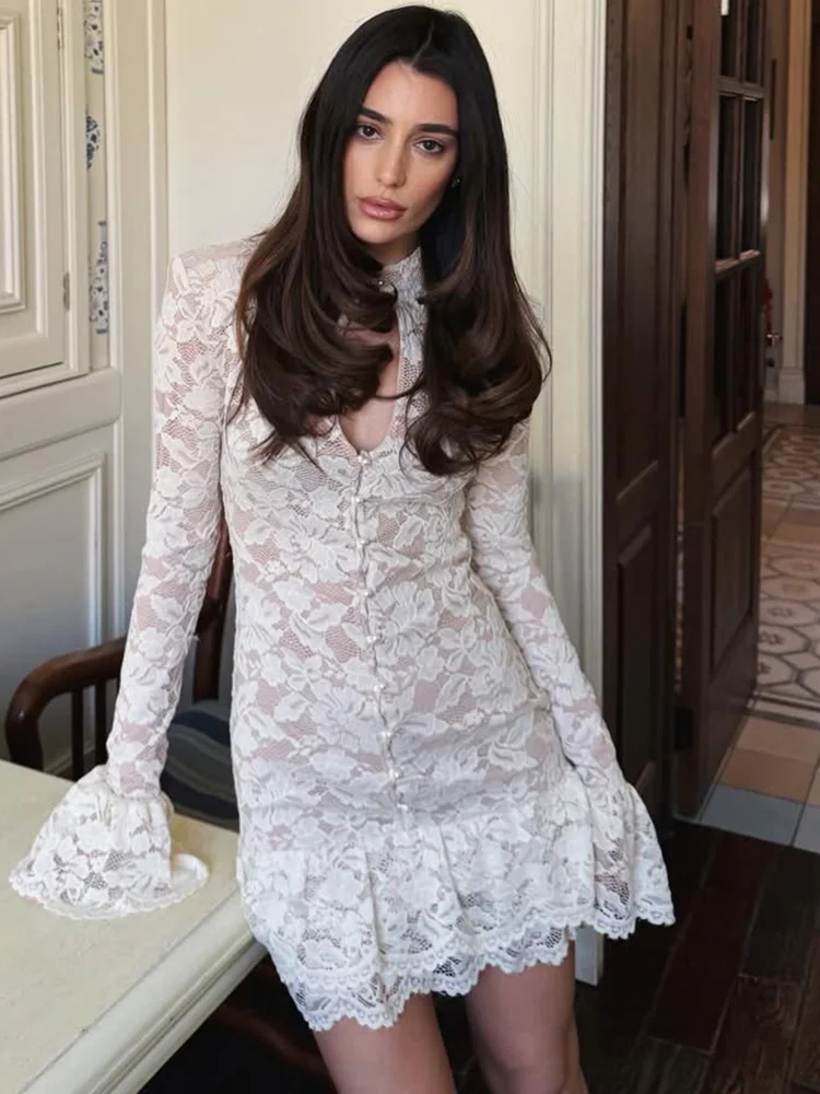 

JULISSA MO Turtleneck Sexy Hollow Out Ruffles Women Dress White Flare Sleeve A-line Dress Summer Skinny Elegant Party Club Dress