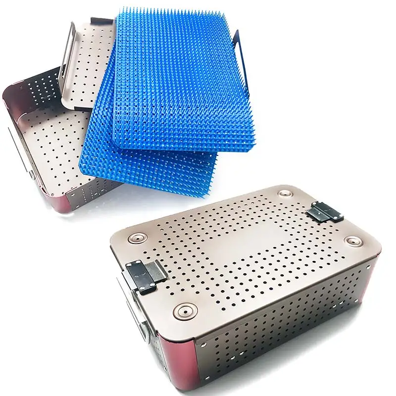

Disinfection Tray Double Layer Sterilization Case Instruments Hold Sterilising with Silicone Mat
