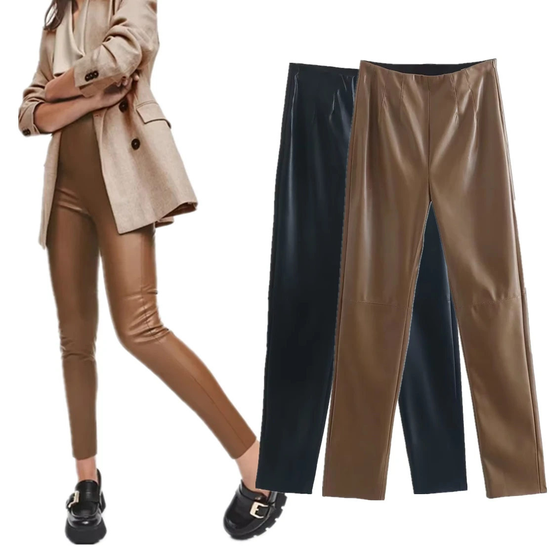 

Dave&Di Autumn New British Fashion Ladies Waist Tight High Leather Pants Leggings Women