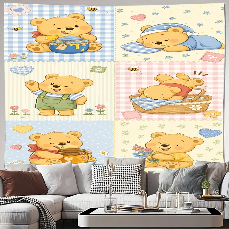 Adorable Teddy Bear Patchwork Nursery Tapestry Wall Hanging Decor for Kids Room Baby Girl Boy Shower Gift Pastel Print Artwork