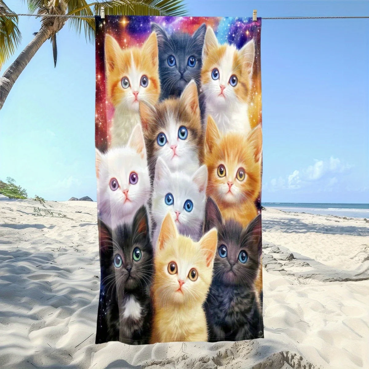 Cute Galaxy Kittens Beach Towel Patterned Sunscreen And Windproof Suitable For Swimming Pool Camping Travel Blanket