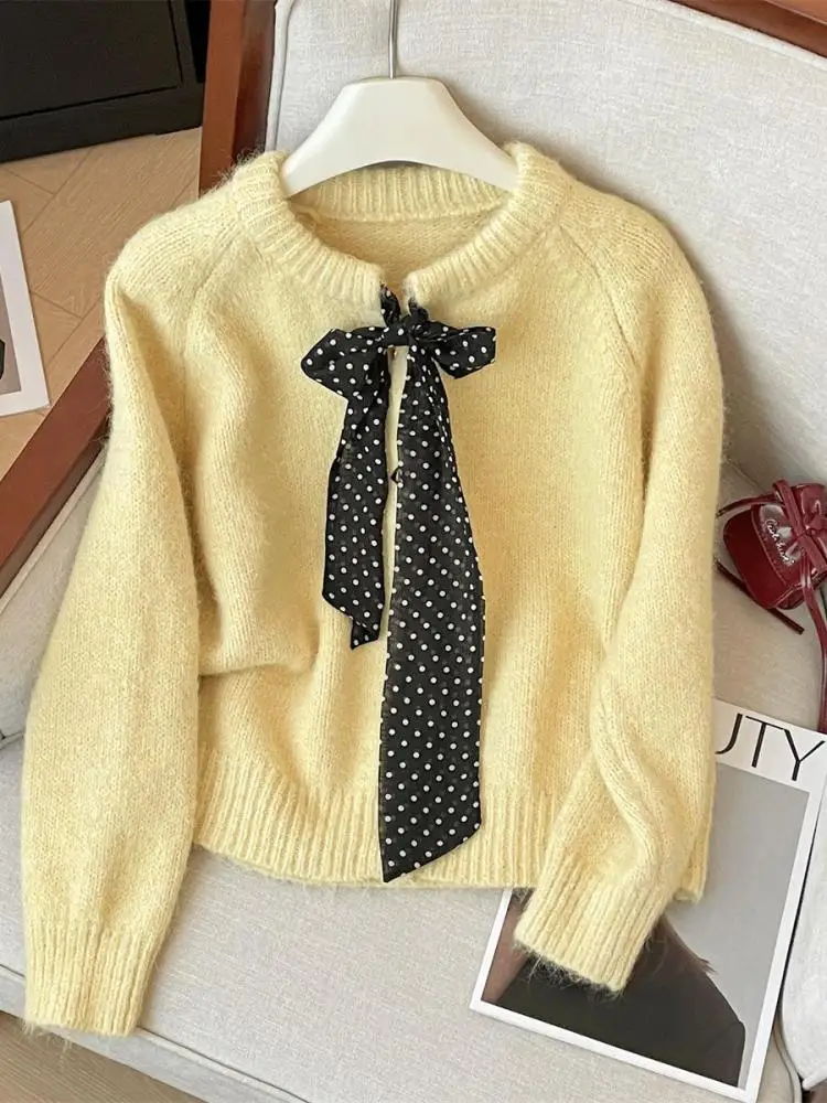 French Vintage Autumn Winter Beige Red Elegant Short Sweater Women's 2024 New Yellow Round Neck Bow Long Sleeved Knitted Tops