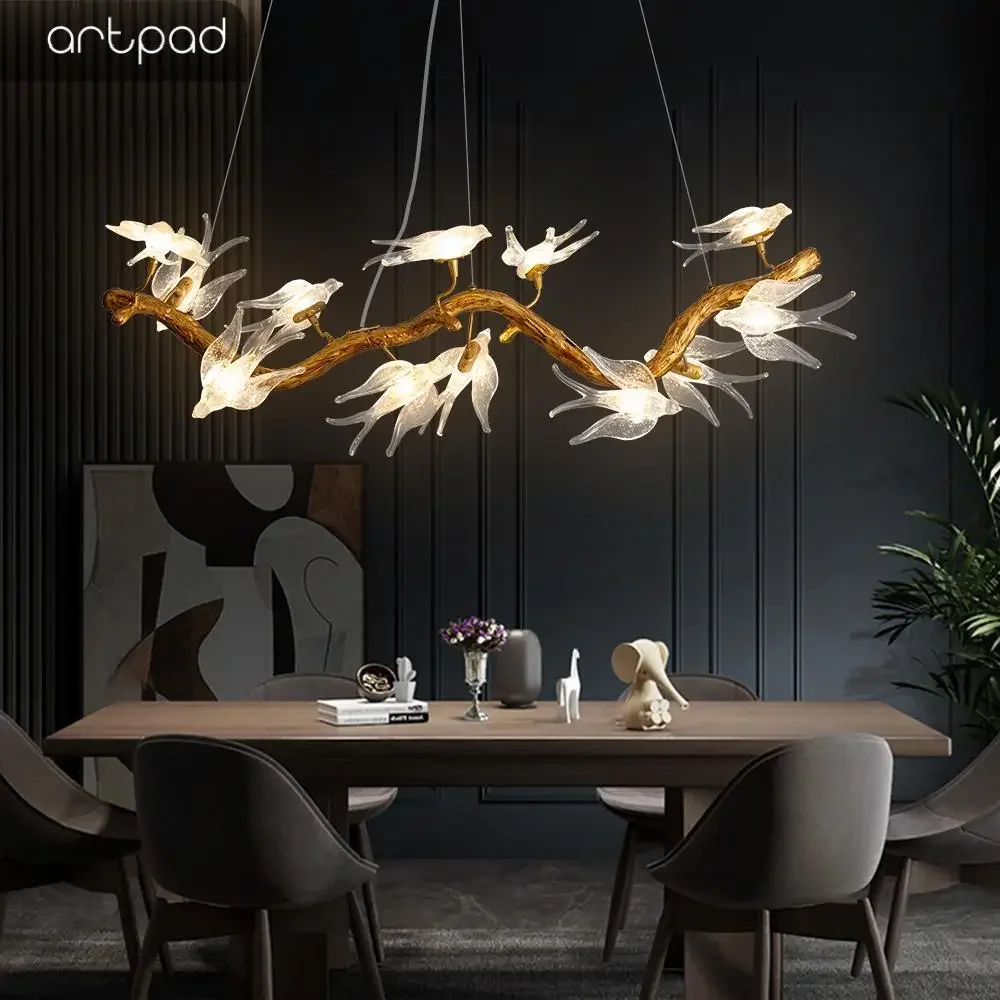 artpad cristal led teto lustre sala de jantar pendurado lampada luz pingente passaro de vidro decoracoes 01